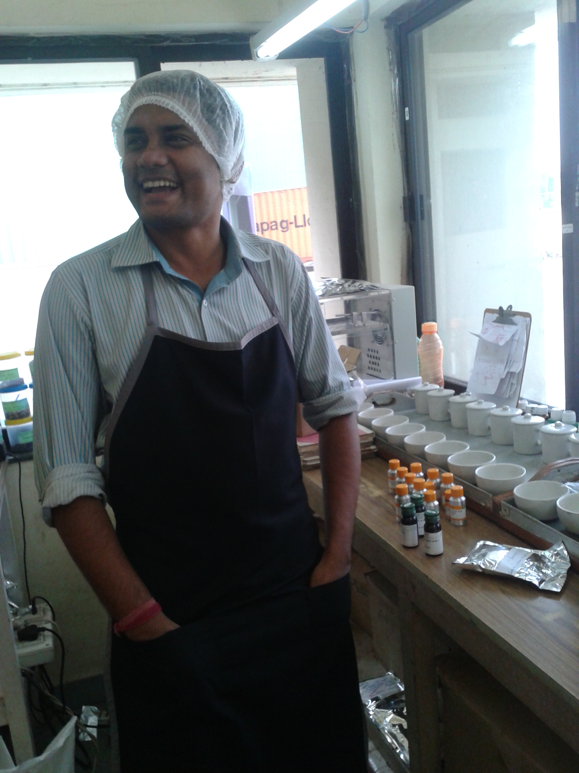 Tea blending and sampling session in the R&D lab