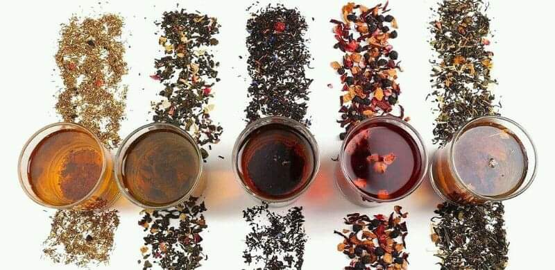 Five tea varieties shown as dry leaf alongside their brewed liquor